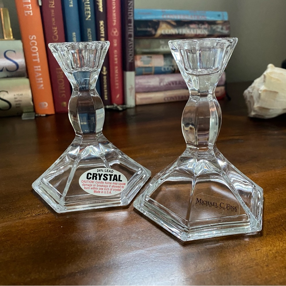 Michael C. Fina Crystal Candle Stick Holder Pair 24% Lead Crystal Fifth Avenue